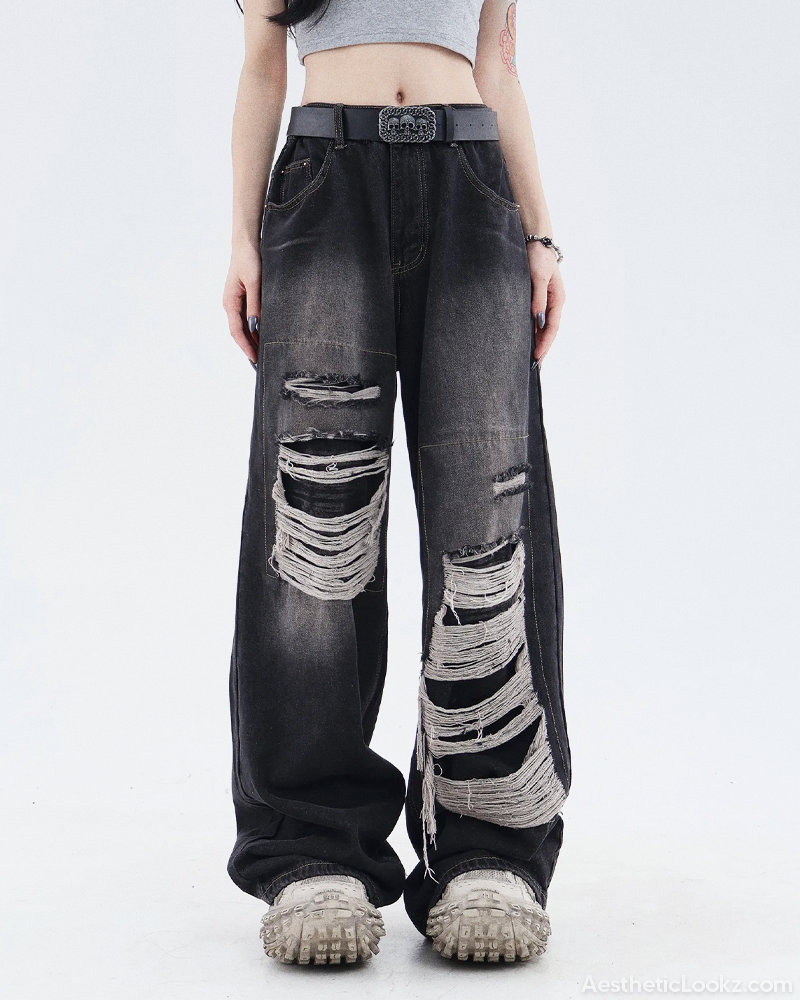 Baggy Black Distressed Jeans | Aesthetic Lookz
