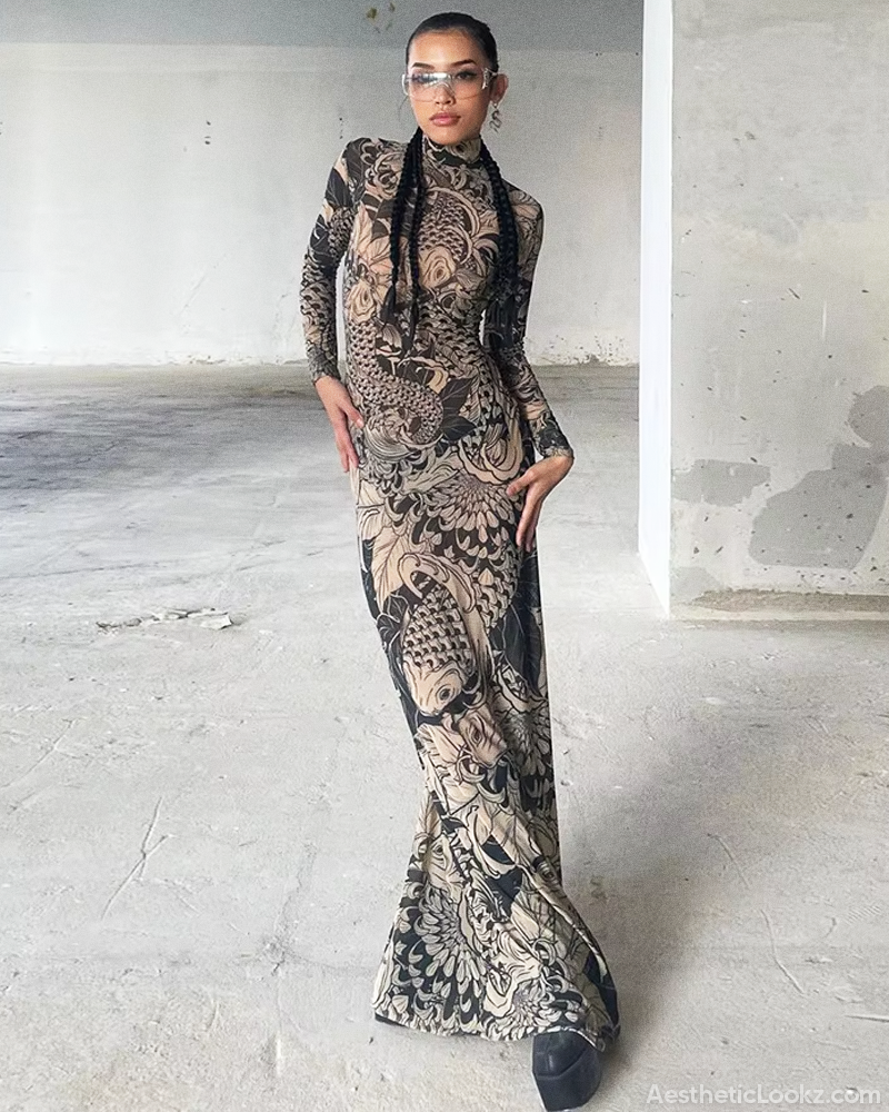 Tattoo Print Maxi Dress