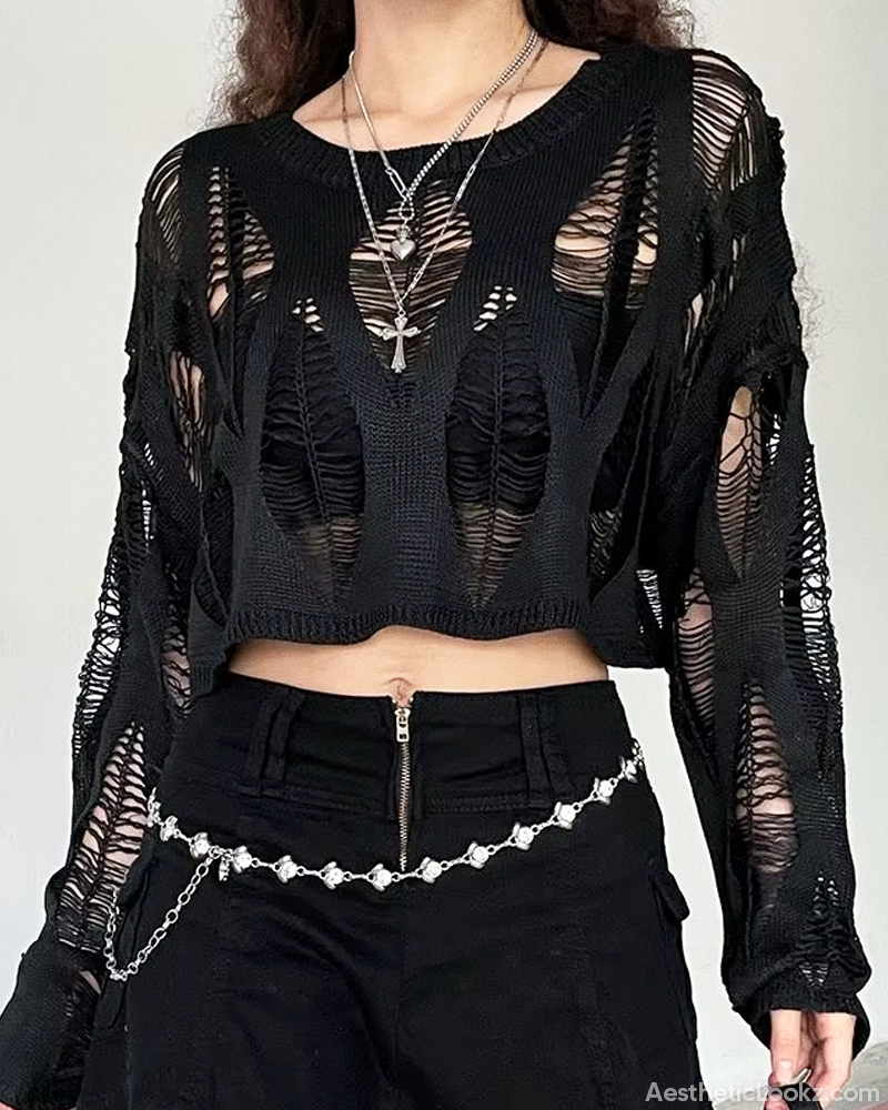 Black Distressed Knit Sweater