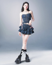 Denim Mini Skirt With Ruffles