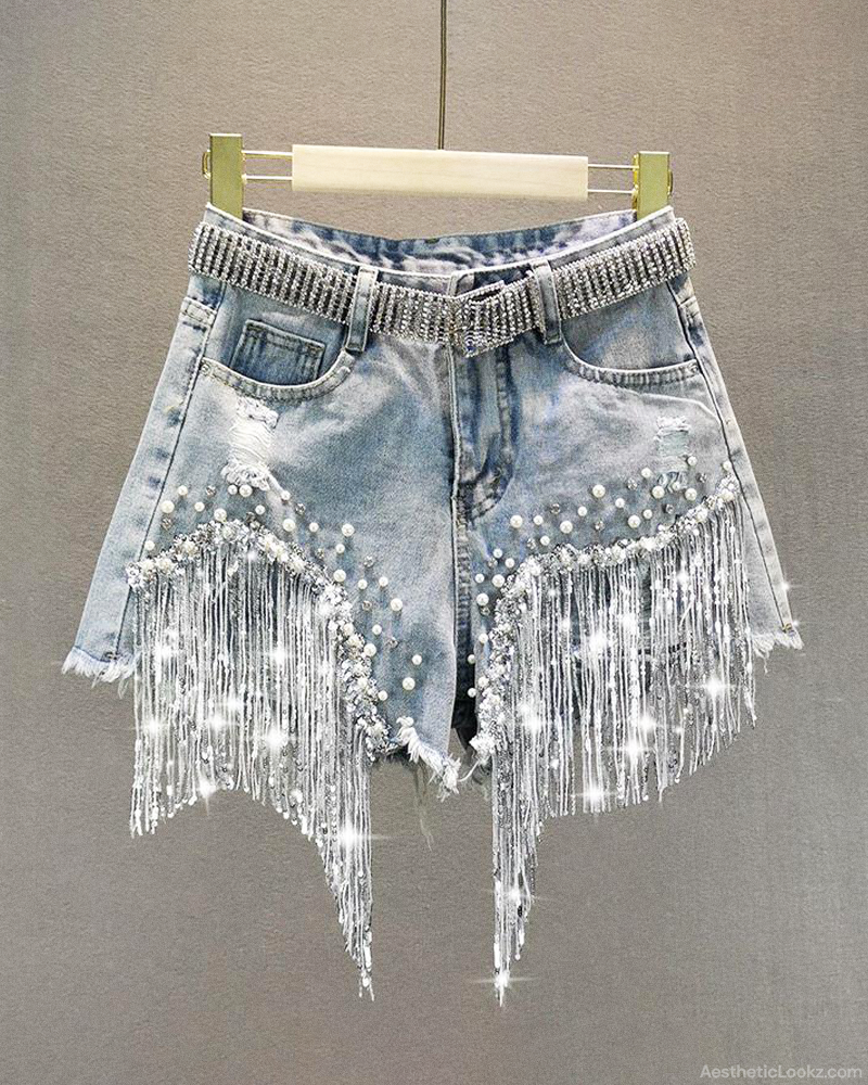Denim Shorts With Rhinestone Fringe