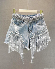 Denim Shorts With Rhinestone Fringe