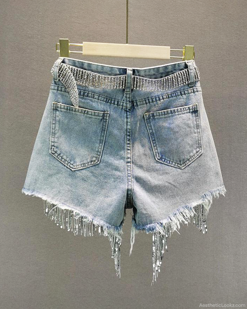 Denim Shorts With Rhinestone Fringe