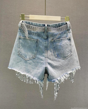 Denim Shorts With Rhinestone Fringe