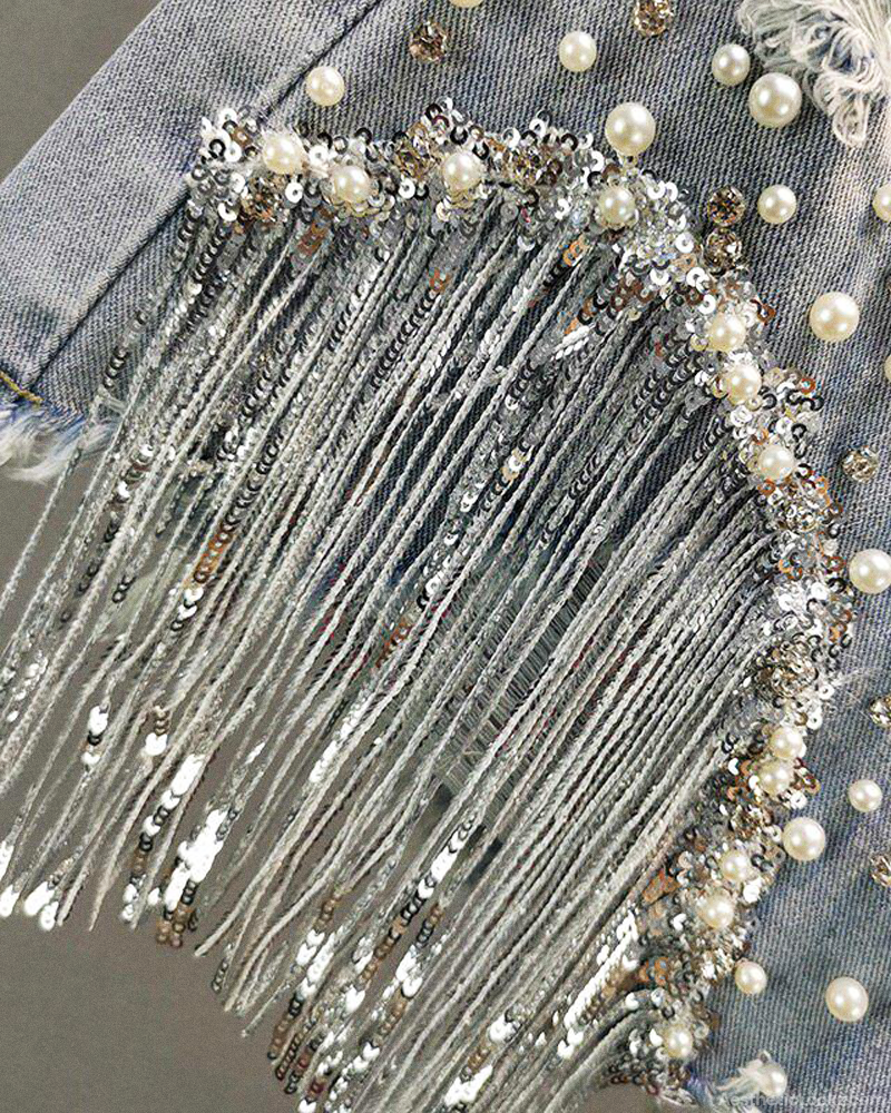 Denim Shorts With Rhinestone Fringe