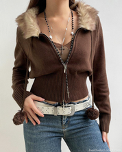 Faux Fur Collar Cardigan