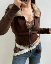 Faux Fur Collar Cardigan