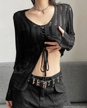 Lace Up Ribbed Knit Top