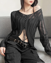 Lace Up Ribbed Knit Top