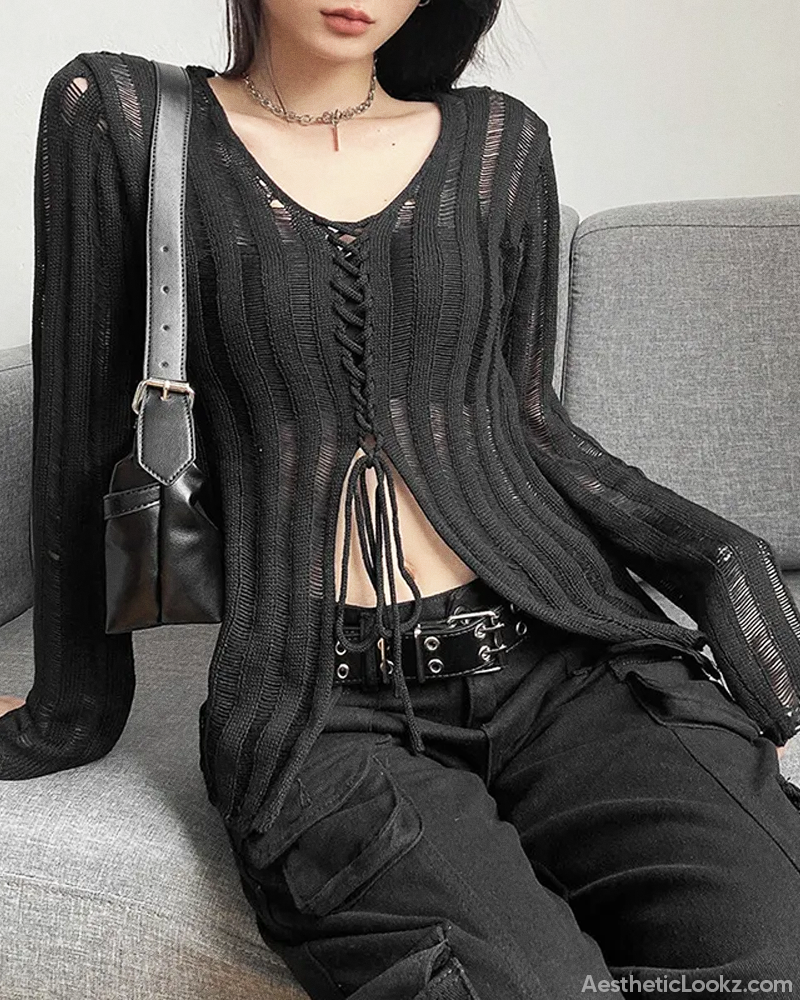 Lace Up Ribbed Knit Top