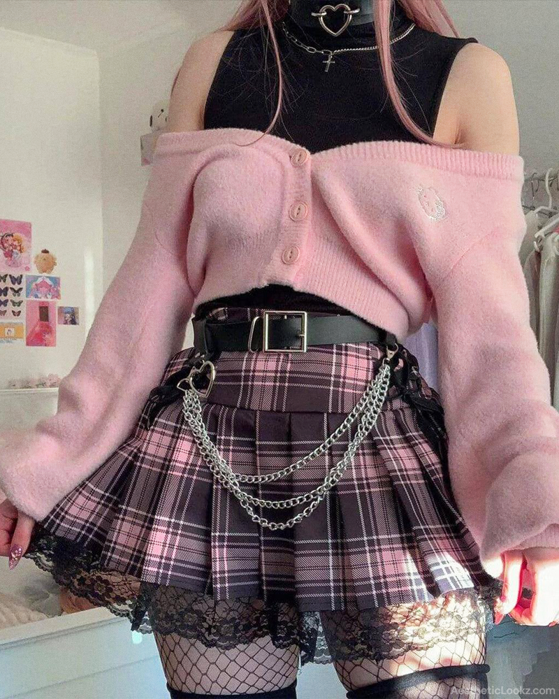 Pink And Black Plaid Mini Skirt