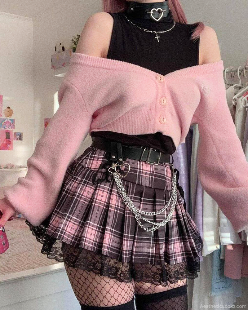 Pink And Black Plaid Mini Skirt