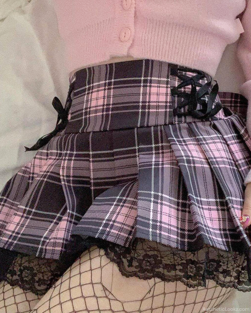 Pink And Black Plaid Mini Skirt