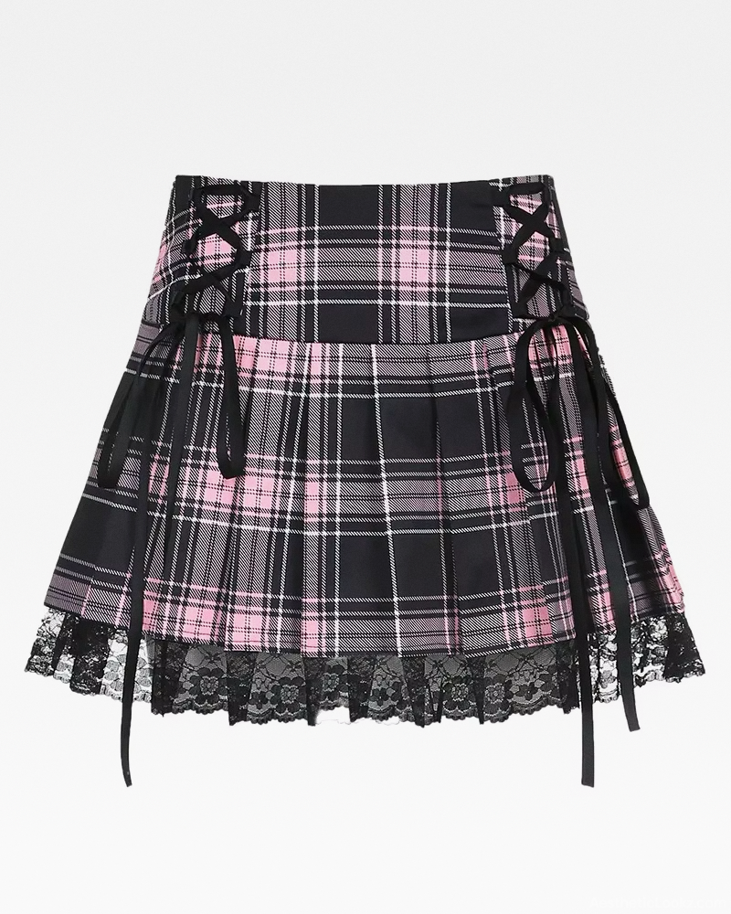 Pink And Black Plaid Mini Skirt
