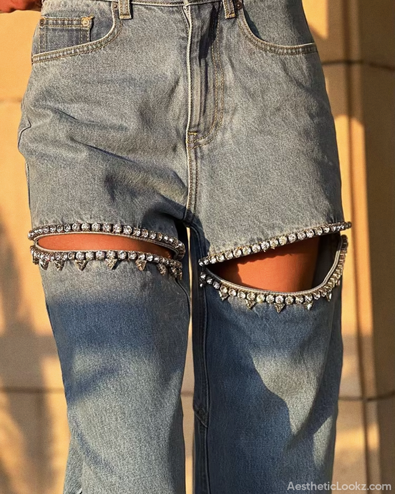 Rhinestone Cut Out Jeans