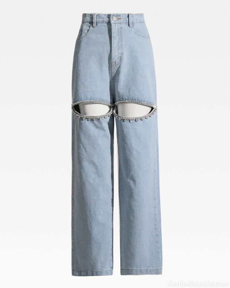 Rhinestone Cut Out Jeans