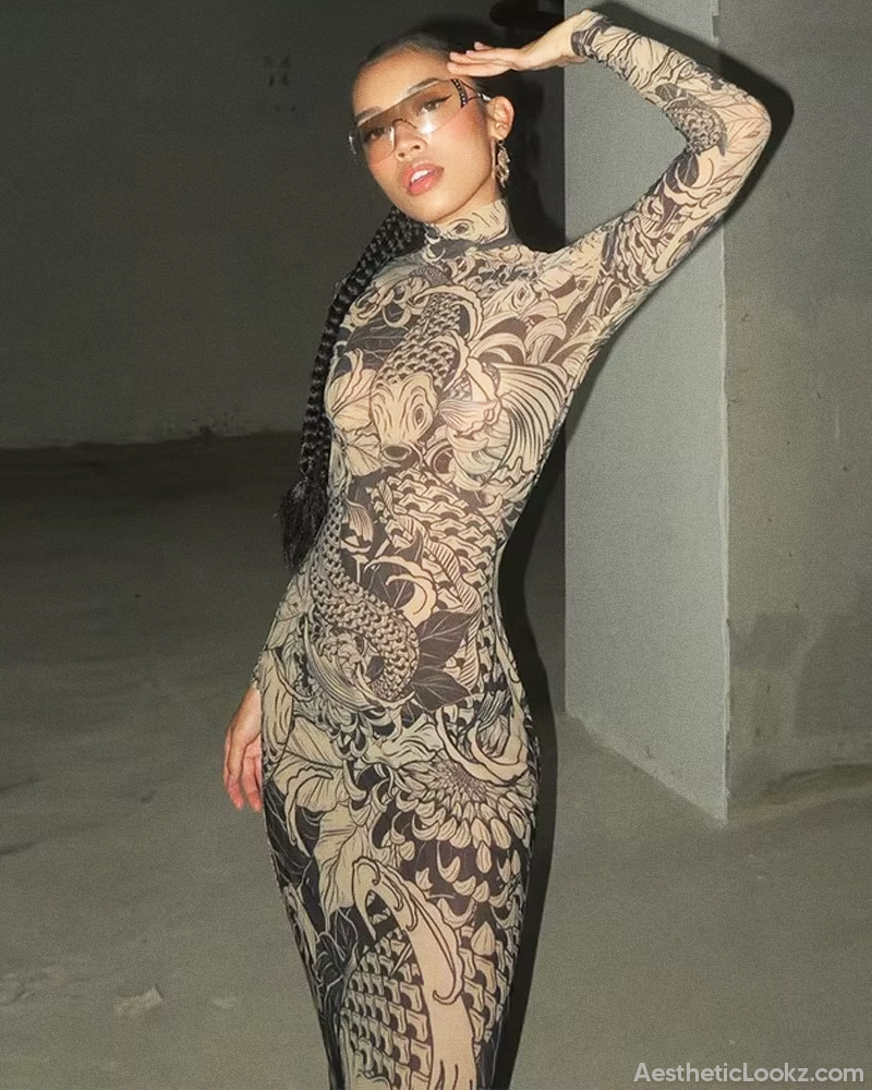 tattoo design dresses Long Sleeves Boho Wedding Dress with Tattoo Design