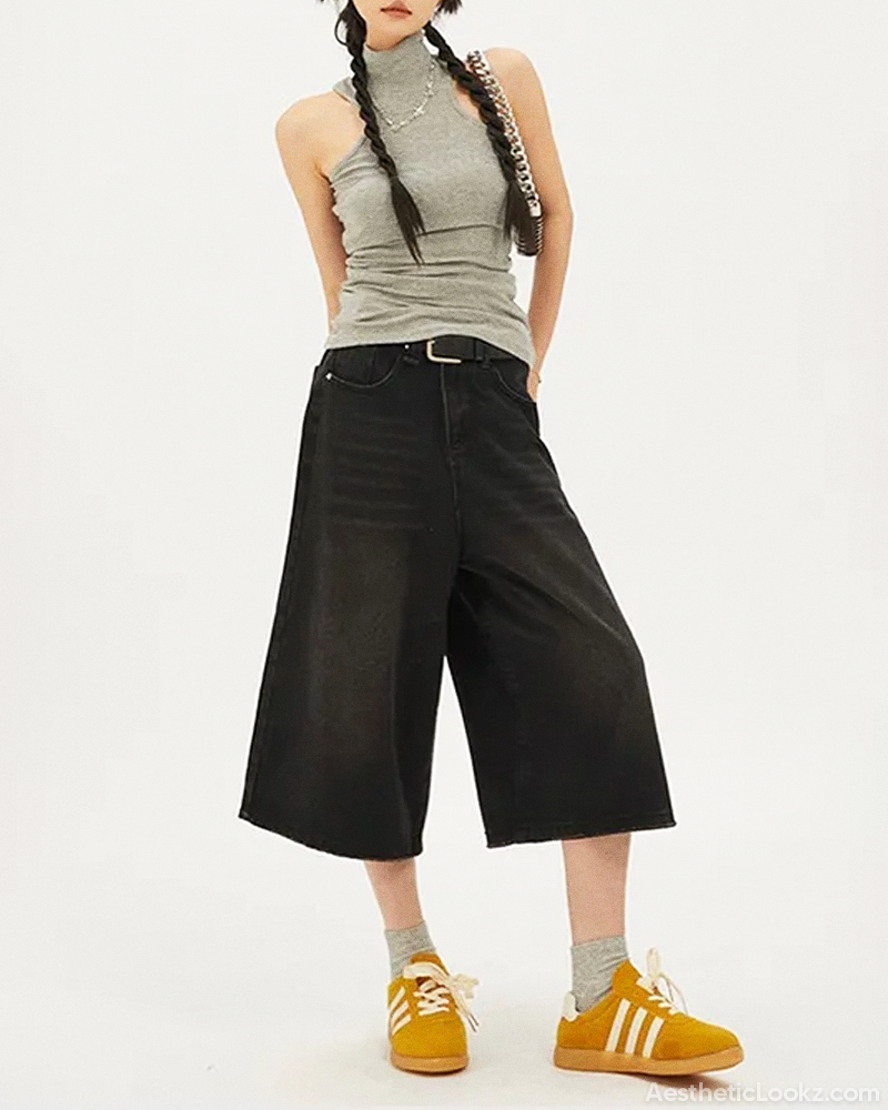 Wide Leg Denim Shorts